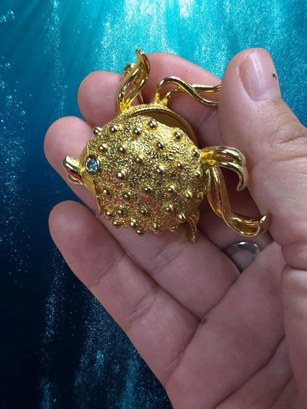 Vintage perfume locket puffer fish brooch